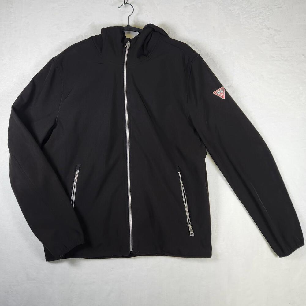Guess Men’s L Softshell Hooded Jacket Black Full Zip Stretch Logo Patch‎ Casual